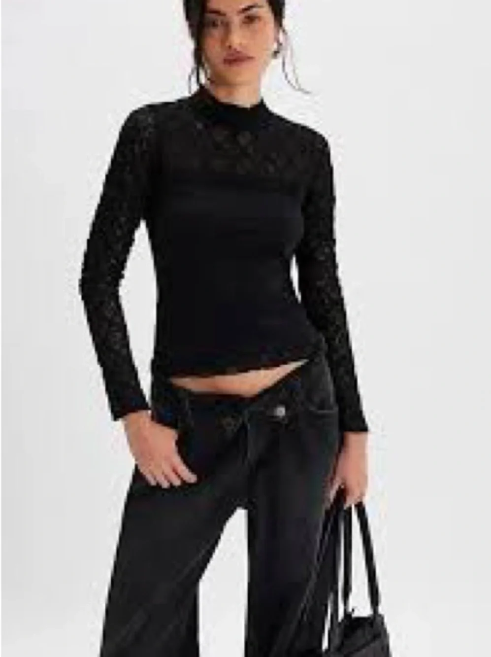 Free People Black Lace-Panel Long Sleeve Tee